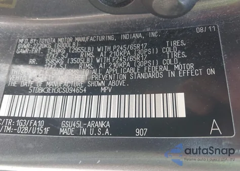 2012 Toyota Highlander Base V6 from USA, damaged, VIN 5TDBK3EH3CS094654